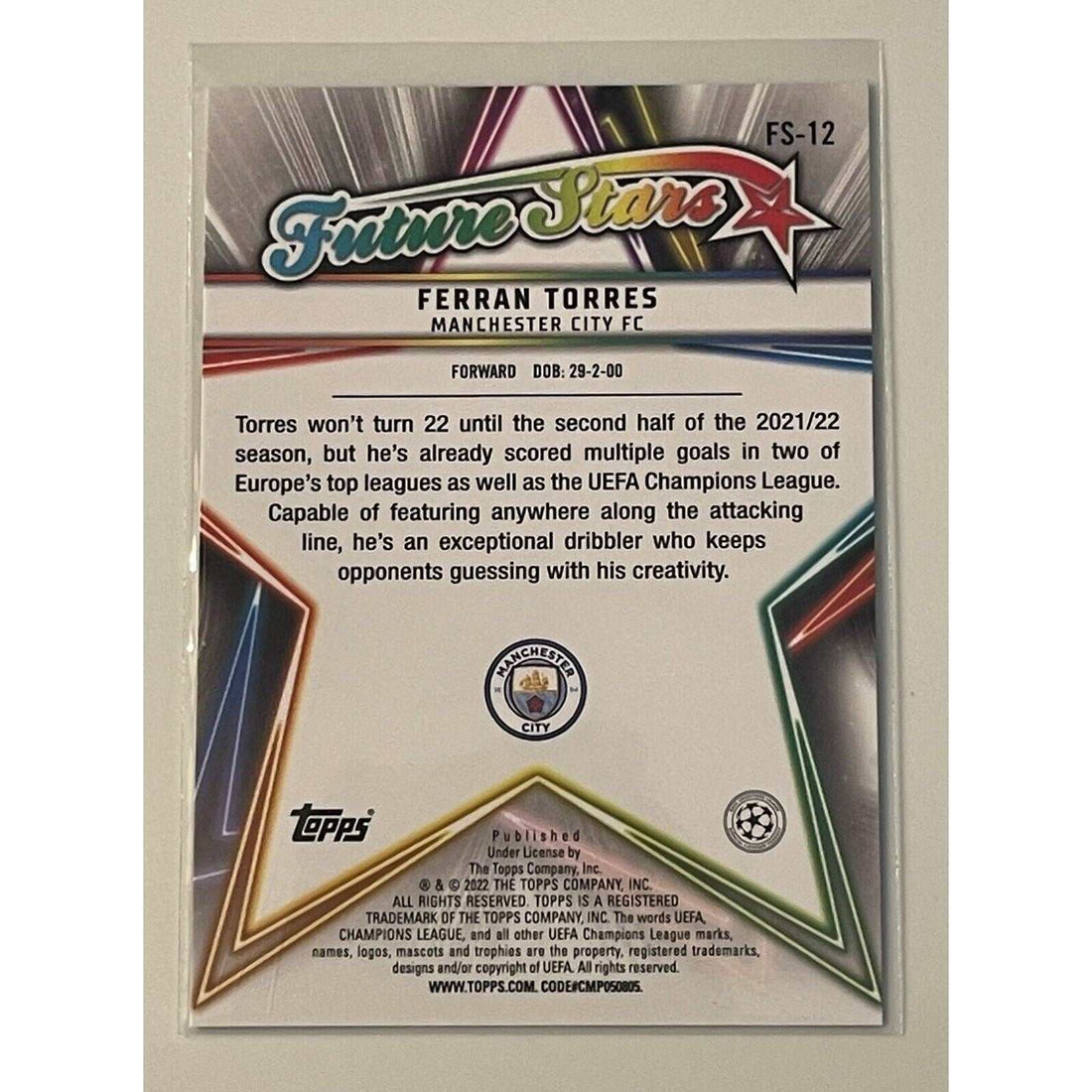 2022 Topps UEFA Champions Ferran Torres Future Stars soccer trading card Man City