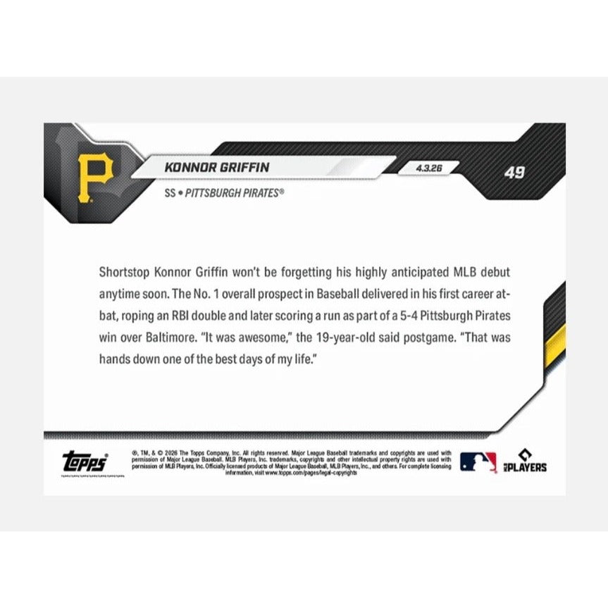 Limited PR Konnor Griffin RC 2026 MLB Topps NOW Card 49 Pirates MLB Debut