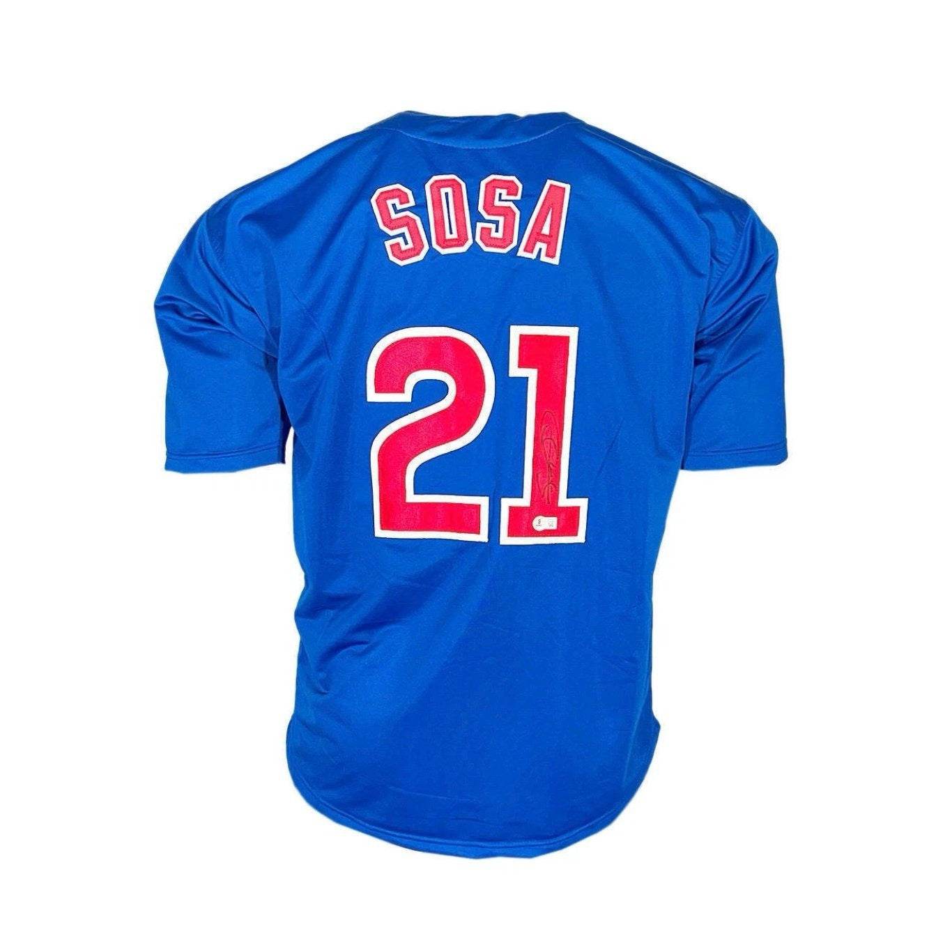 Sammy Sosa signed Chicago Cubs royal blue jersey with number 21 and Beckett authentication