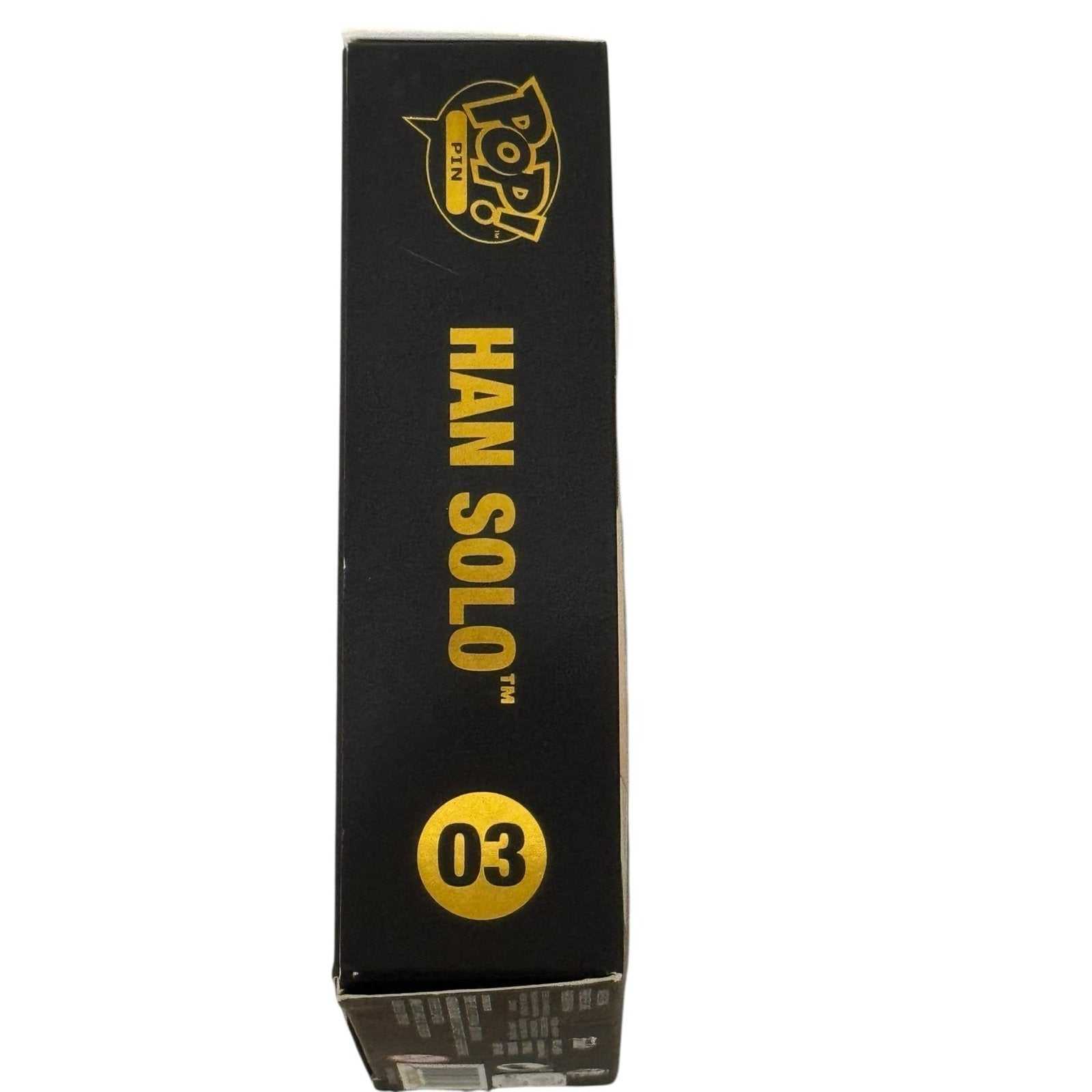 Funko Pop Pin Star Wars Han Solo 03 collectible pin packaging with black and gold design