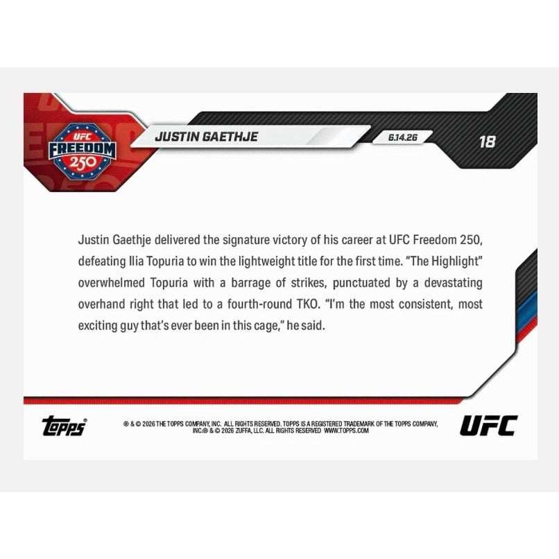Justin Gaethje 2026 UFC Topps NOW Card 18 UFC Freedom 250 Lightweight Champion