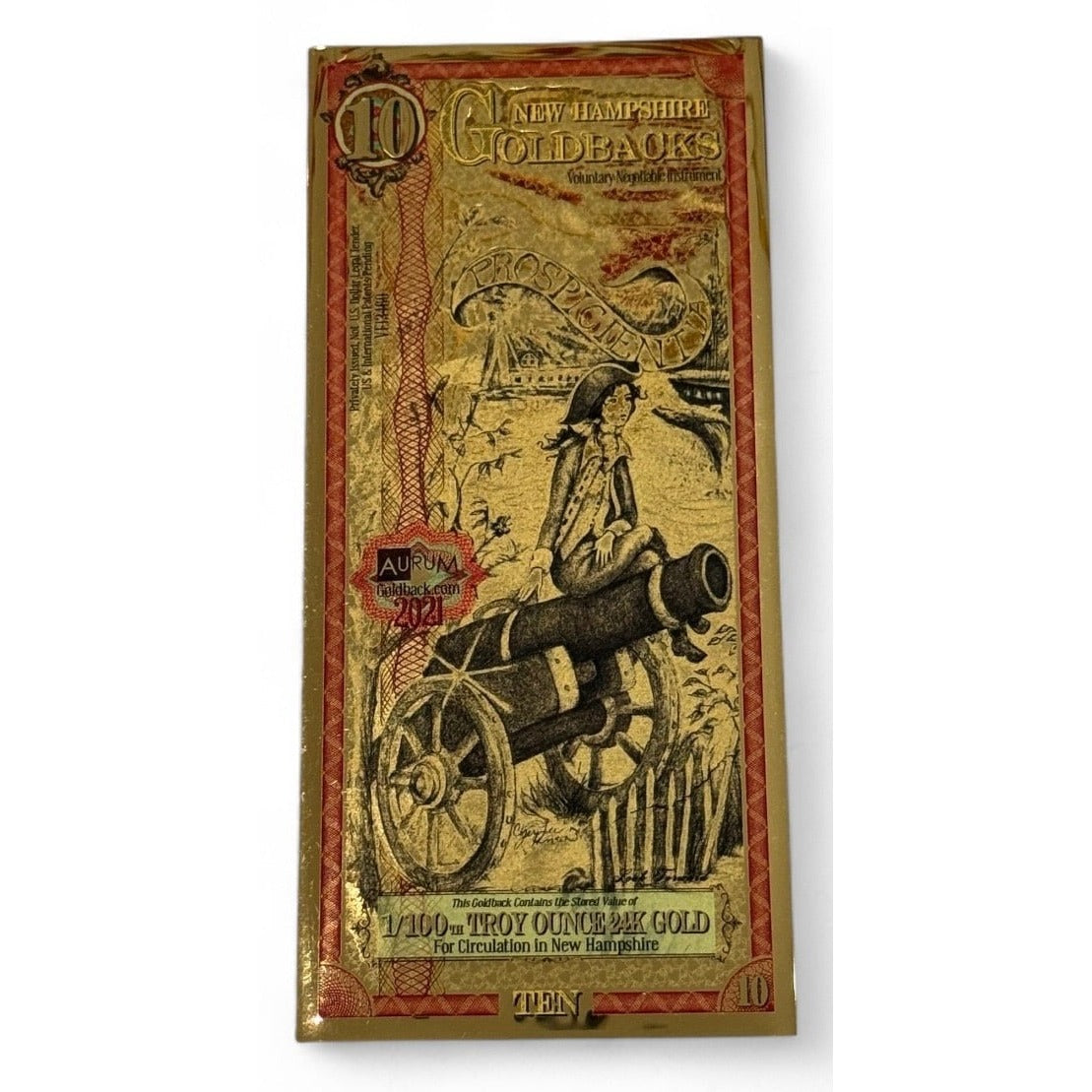 *2021**! New Hampshire 10 Goldback Note Vol. Local Currency 1/100 oz *24K Gold*!