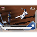 Shohei Ohtani 2025 Topps Now NLCS baseball card showing Ohtani sliding into base for leadoff triple with Dodgers logo