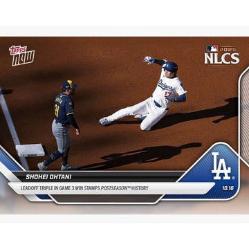 Shohei Ohtani 2025 Topps Now NLCS baseball card showing Ohtani sliding into base for leadoff triple with Dodgers logo