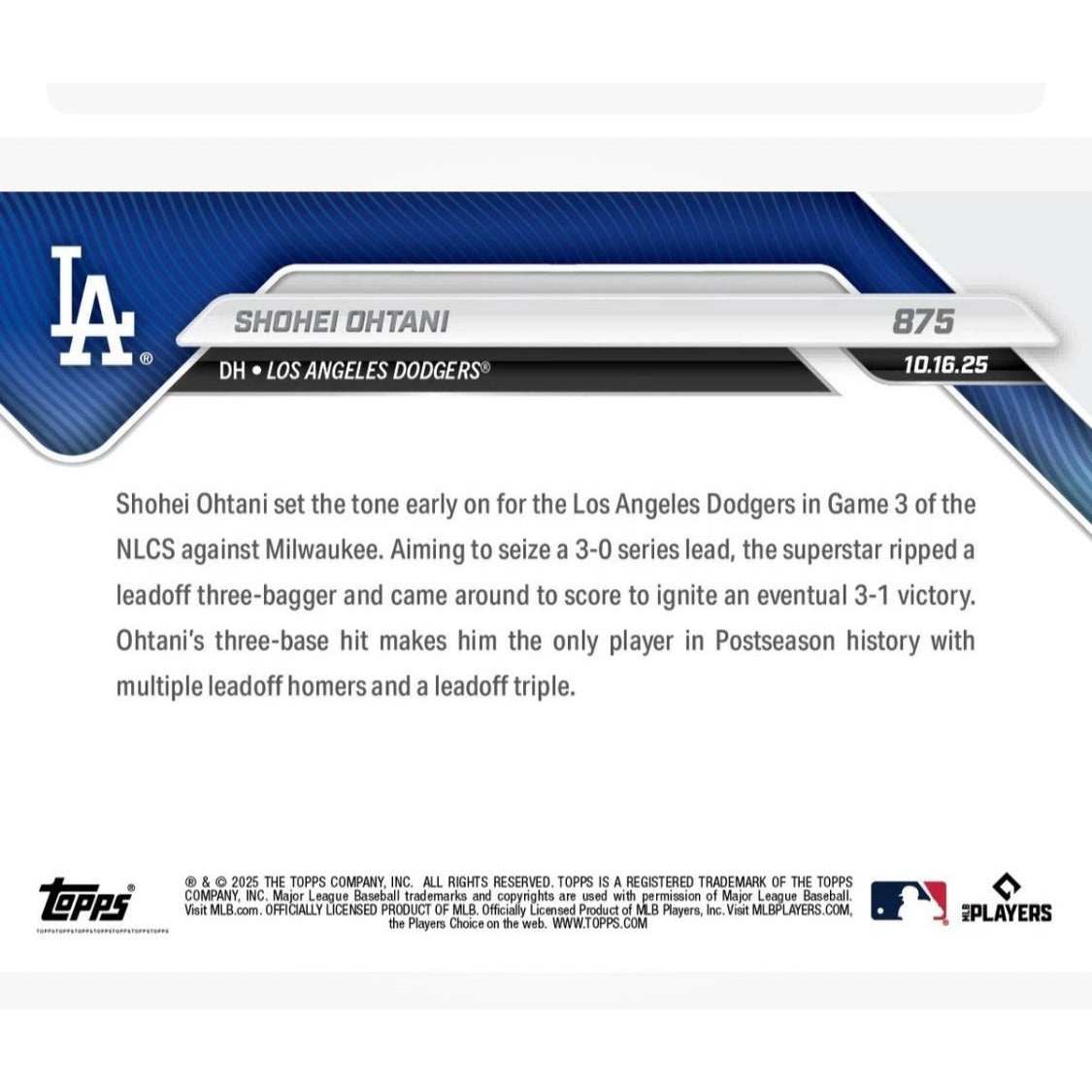 Shohei Ohtani 2025 Topps Now NLCS Card 875 celebrating Dodgers leadoff triple and postseason history