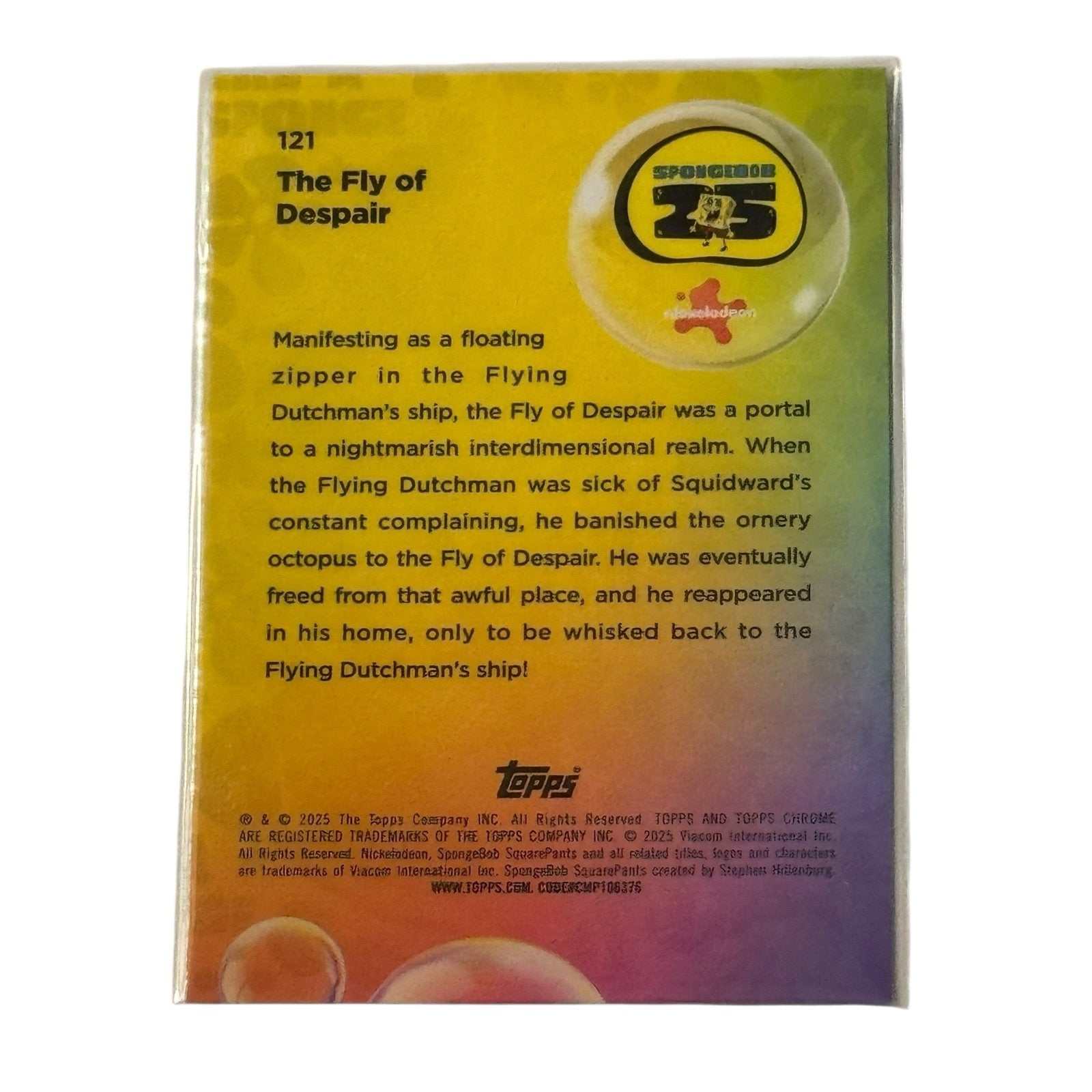 2025 Topps Chrome SpongeBob SquarePants #121 Fly of Despair card back with detailed description and SpongeBob 25th anniversary logo