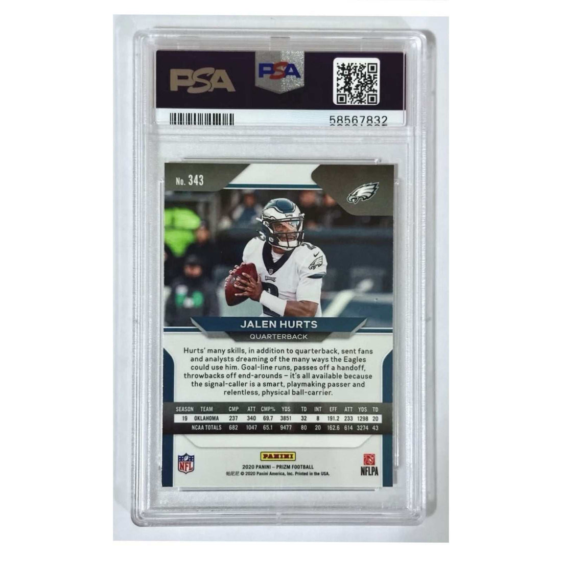 Jalen Hurts RC 2020 Panini Prizm Rookie card #343 PSA 10 Philadelphia Eagles football memorabilia