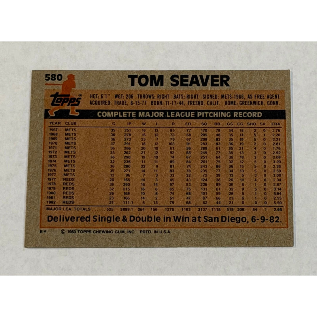 Topps Tom Seaver Vintage Tom Seaver 1983 Topps #580 MLB Cincinnati Reds HOF EX