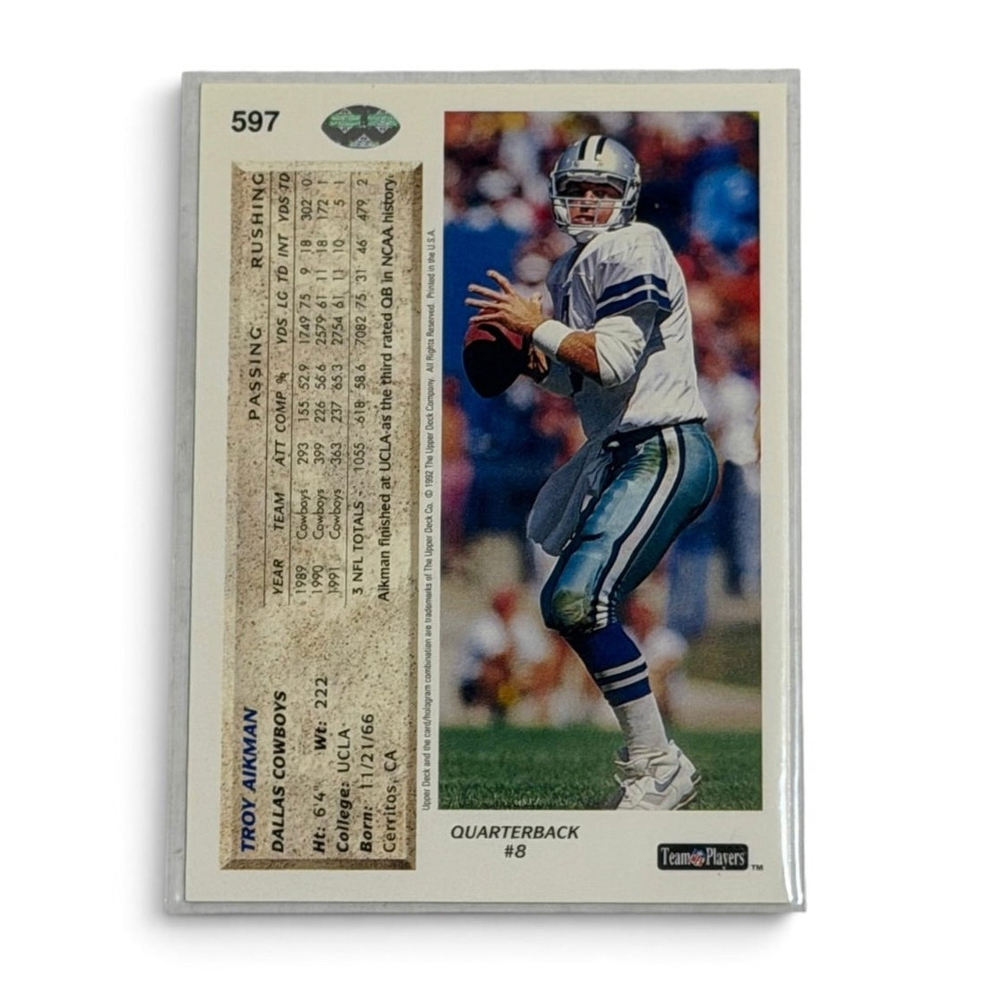 1992 Upper Deck Troy Aikman #597 Dallas Cowboys NFL HOF Quarterback Card