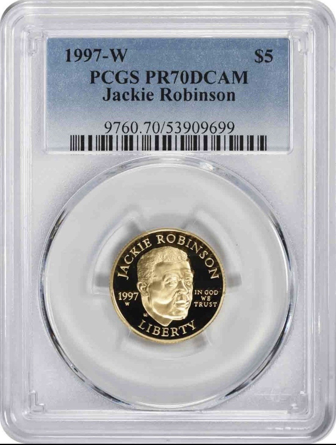1997-W $5 Jackie Robinson Gold PCGS PR70 DCAM Cert 53909699 — original photo