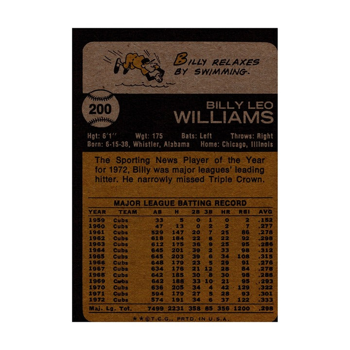 Billy Williams 1973 Topps #200 MLB Chicago Cubs Vintage VG Baseball Card — original product photo 2