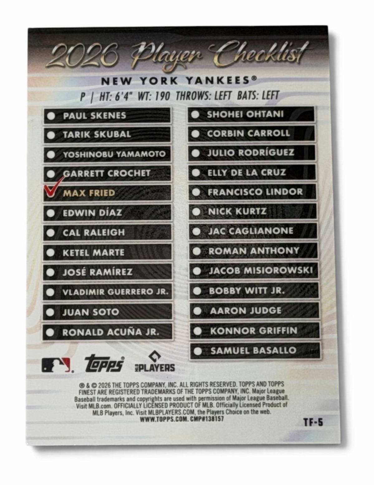 Max Fried 2026 Topps Finest Team Finest #TF-5 MLB New York Yankees — original photo 2