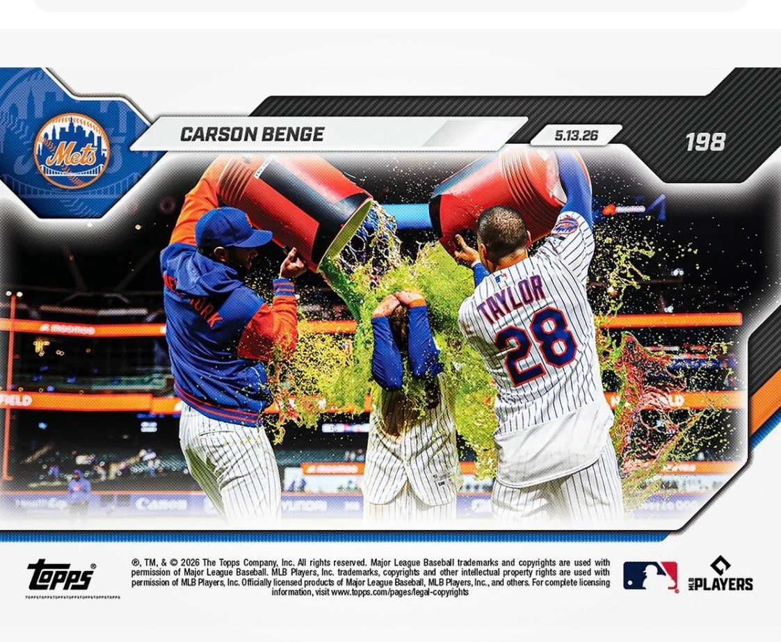 Carson Benge RC 2026 Topps NOW RC #198 MLB NY Mets Walk Off Hit Rookie Card — original product photo 2