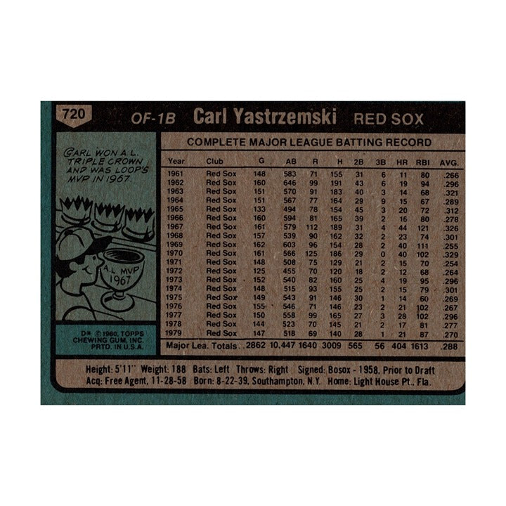 Carl Yastrzemski 1980 Topps #720 MLB Red Sox Vintage VG Raw Baseball Card — original product photo 2