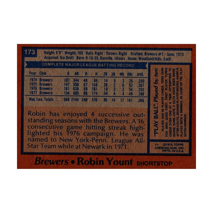 Robin Yount 1978 Topps #173 MLB Milwaukee Brewers Vintage VG Baseball Card — original product photo 2