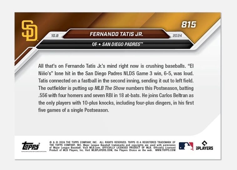 2024 Topps NOW Fernando Tatis Jr. #815 NLDS Padres PR 1363 Postseason — original listing photo 2