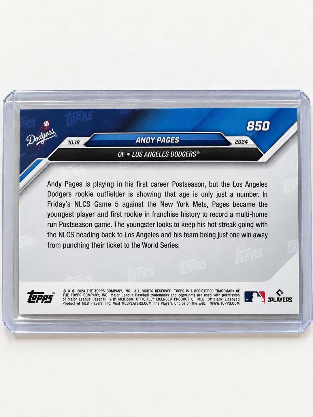 Andy Pages RC 2024 Topps NOW #850 RC Blue /49 MLB LA Dodgers OF PR 1132 — original product photo 3