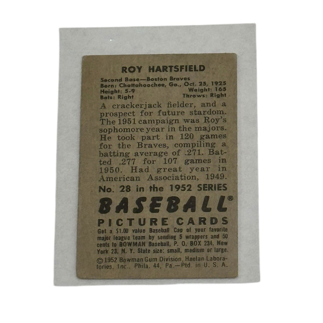 Roy Hartsfield 1952 Bowman #28 vintage Boston Braves baseball card raw ungraded