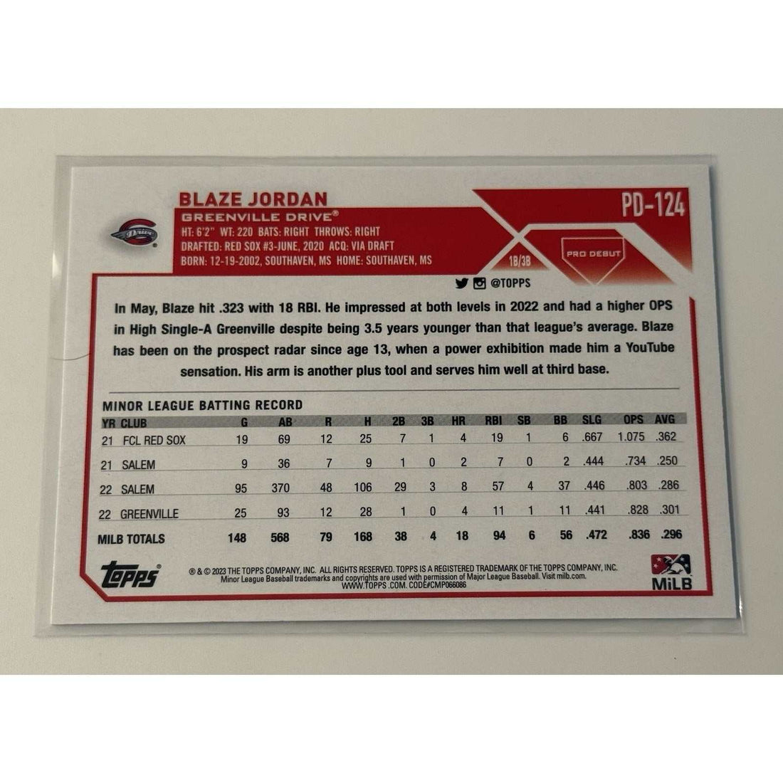 2023 Topps Pro Debut Blaze Jordan Rookie baseball card autographed Greenville Drive D Backs