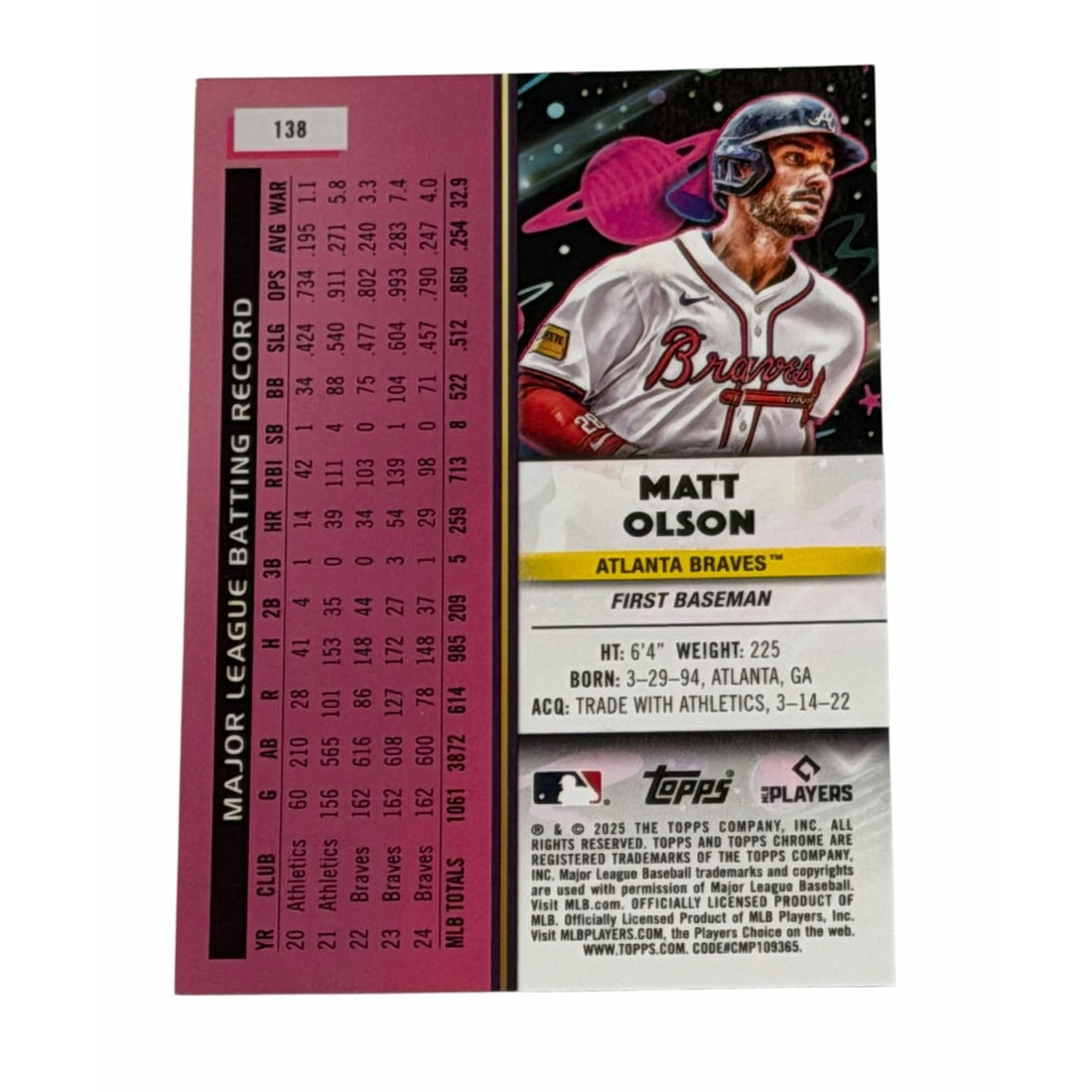 2025 Topps Chrome Cosmic Matt Olson #138 REFRactor featuring the MLB ATL Braves