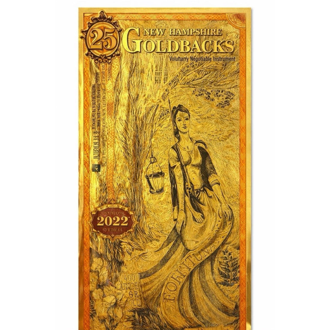 2022 New Hampshire Goldback $25 gold note 1/40 oz 24K gold Fortuna design