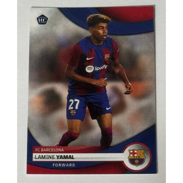 Lamine Yamal RC 2024 Topps Rookie Card FC Barcelona forward in action with team crest and RC logo