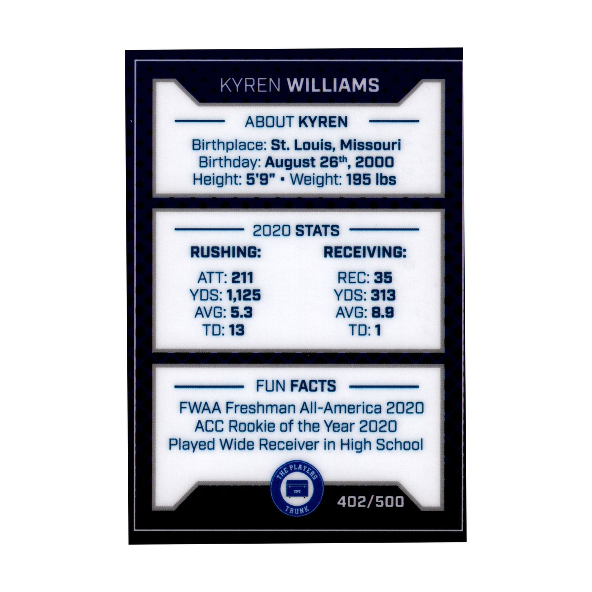 Kyren Williams 2021 The Players Trunk signed card 402/500 back