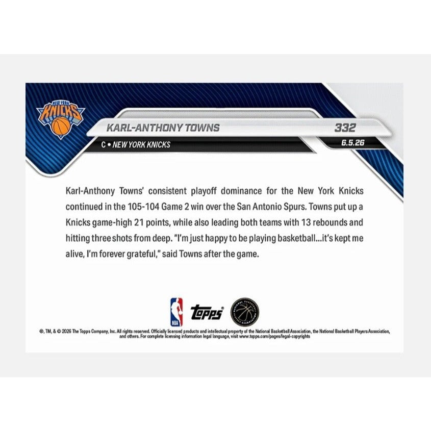 8020 PR NM 2025-26 Topps NOW Karl-Anthony Towns #332 NBA Finals NY Knicks