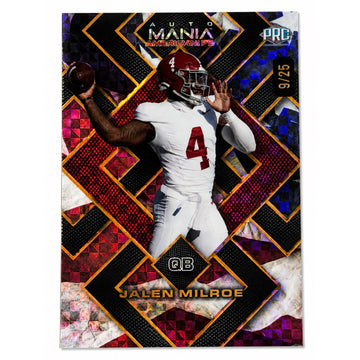 Jalen Milroe 9/25 Auto Mania Hold Jalen Milroe 9/25 Auto Mania Hold Lux Silver 2024 Wild Card QB Alabama SP