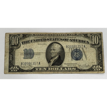 1934-D $10 Silver Certificate featuring Alexander Hamilton and blue Treasury seal vintage U.S. currency note