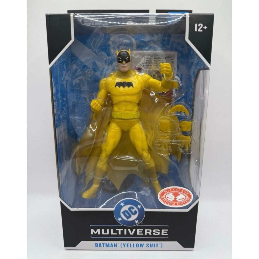 Limited Edition McFarlane DC Multiverse Batman yellow suit action figure with 22 points of articulation and accessories in window box packaging