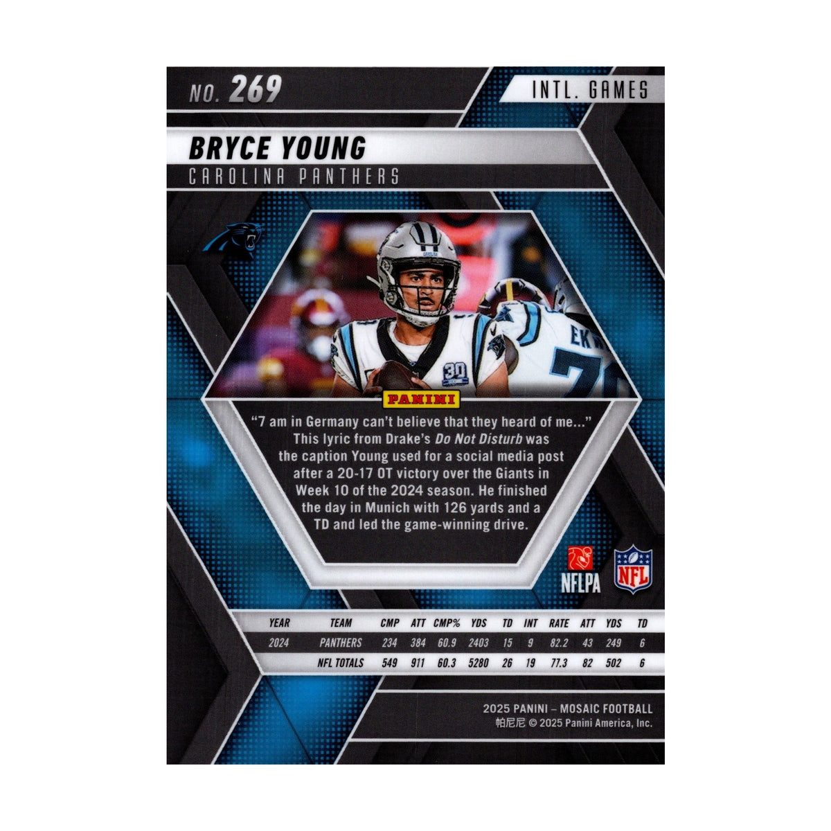 Bryce Young 2025 Mosaic International Games #269 Carolina Panthers NFL Card - image 2