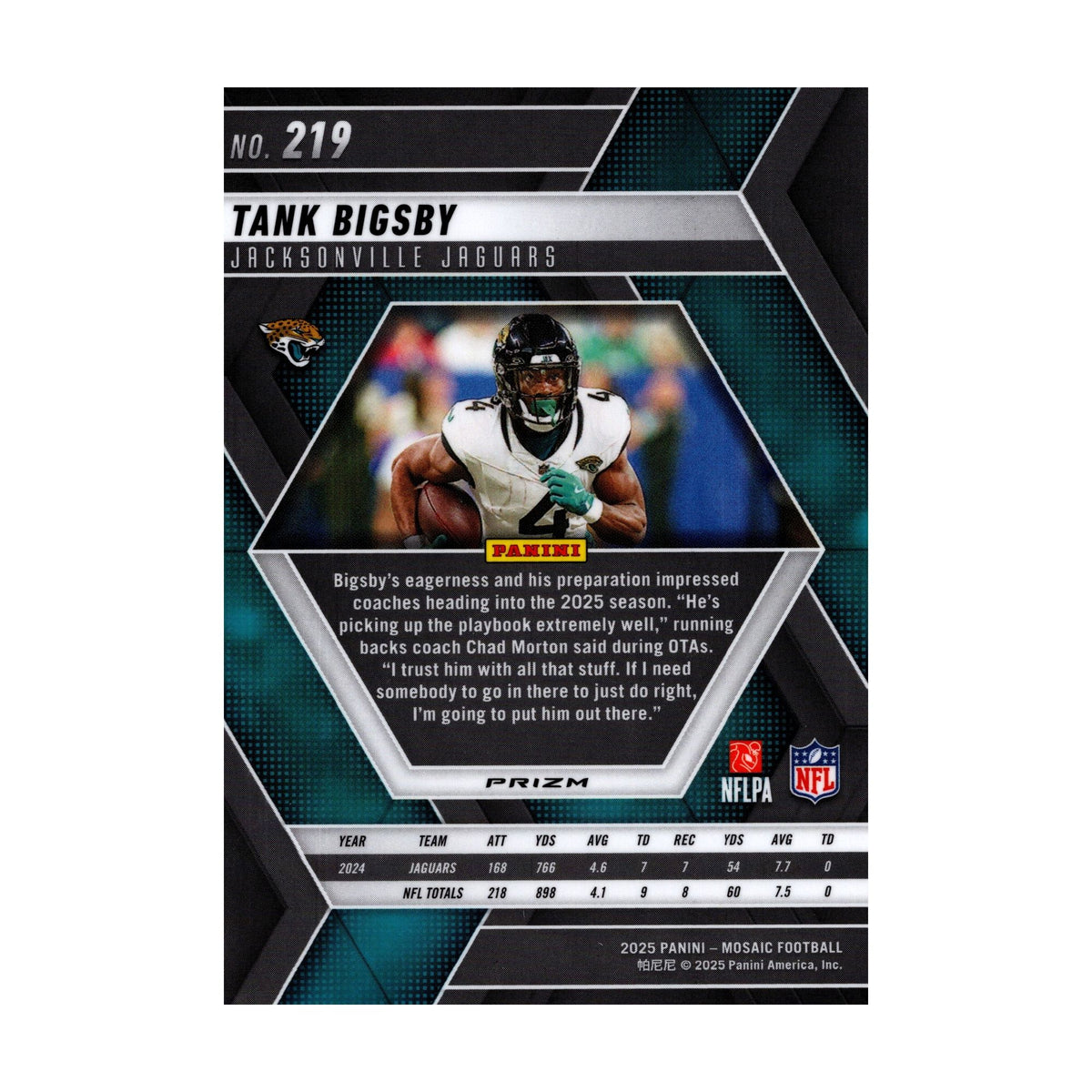 Tank Bigsby 2025 Mosaic Silver #219 Jacksonville Jaguars NFL Card - image 4