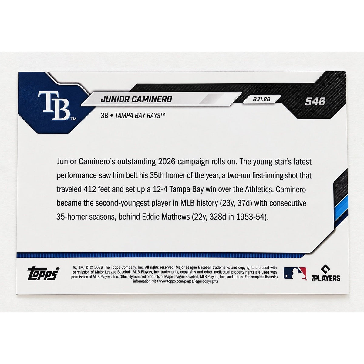 Junior Caminero /25 2026 Topps NOW #546 Orange PR 1174 MLB Tampa Bay Rays — original photo 2