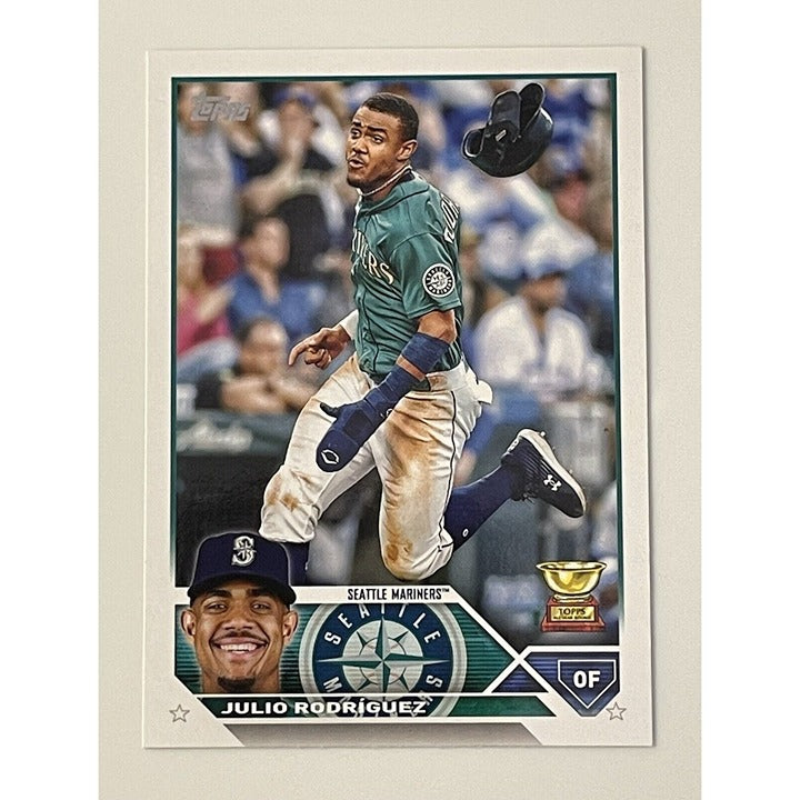 Julio Rodriguez 2023 Topps Series 1 Seattle Mariners baseball card #330 All Star rookie with action image and portrait