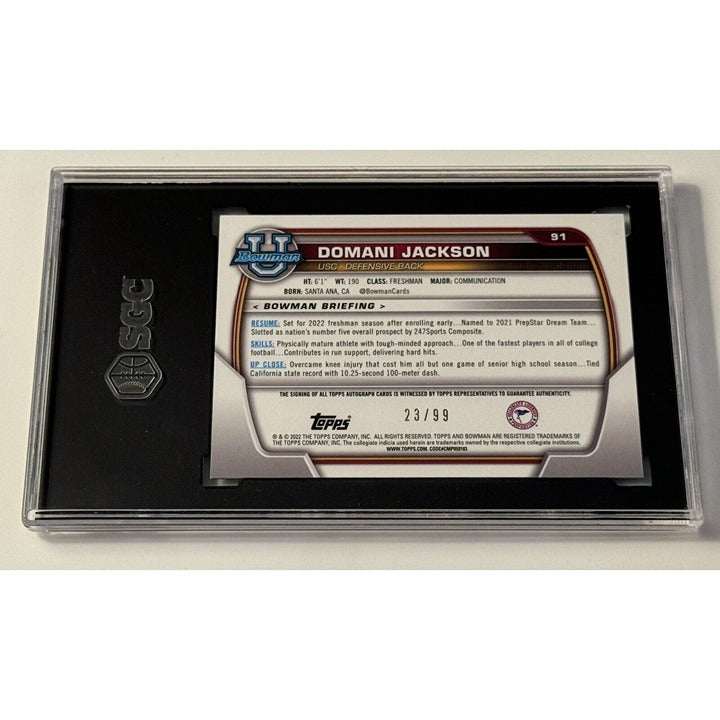2022 Bowman University Domani Jackson RC Auto Green Refractor SGC 10 GM football card serial numbered 23/99