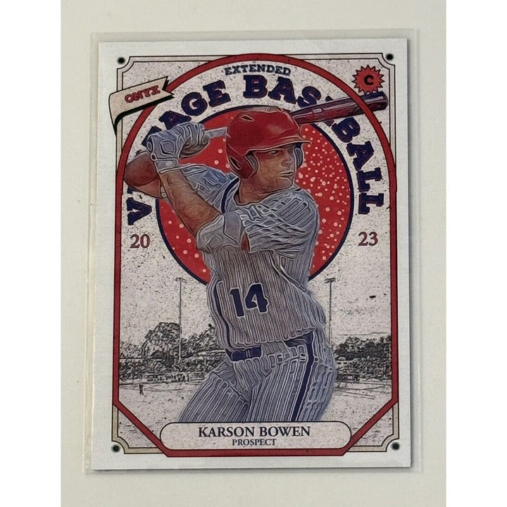 Karson Bowen 2023 Onyx Vintage Extended Rookie Baseball card #OVKB Prospect with batting stance and pinstripe uniform