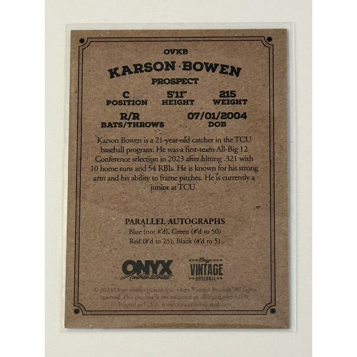 Karson Bowen Rookie Baseball card 2023 Onyx Vintage OVKB MLB prospect back view