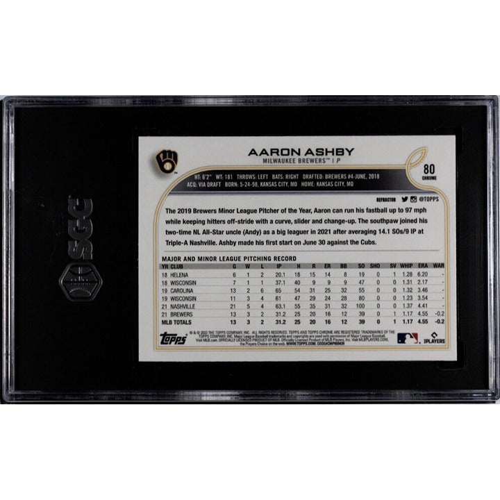 2022 Topps Chrome Aaron Ashby Milwaukee Brewers Rookie Card #80 Gold Wave Refractor SGC 9.5