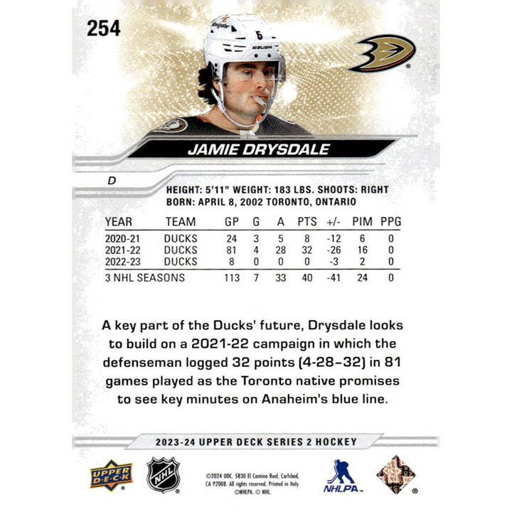 Jamie Drysdale 2023-24 Upper Deck Series 2 NHL hockey card #254 Anaheim Ducks collectible