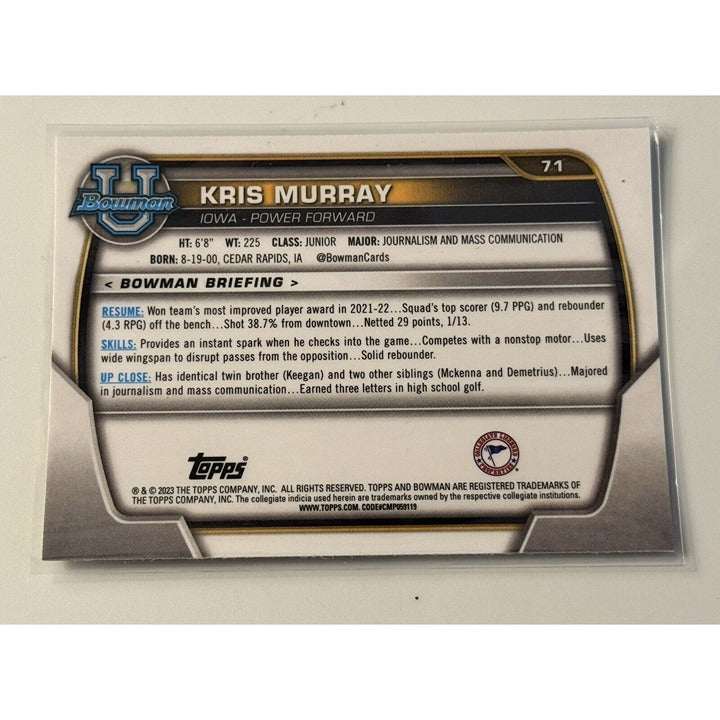 Kris Murray 1st Bowman 2023 Topps Bowman U Chrome Iowa Hawkeyes basketball trading card