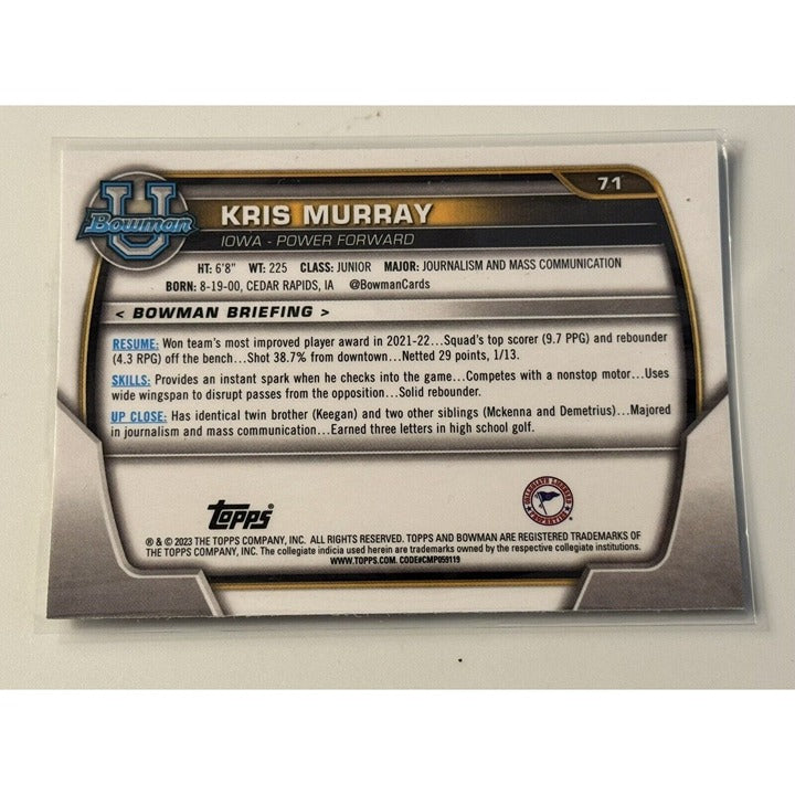 2023 Topps Bowman U Chrome Kris Murray Iowa Hawkeyes rookie trading card back view