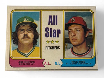 Vintage 1974 Topps All-Star Pitchers baseball card featuring Jim Hunter and Rick Wise
