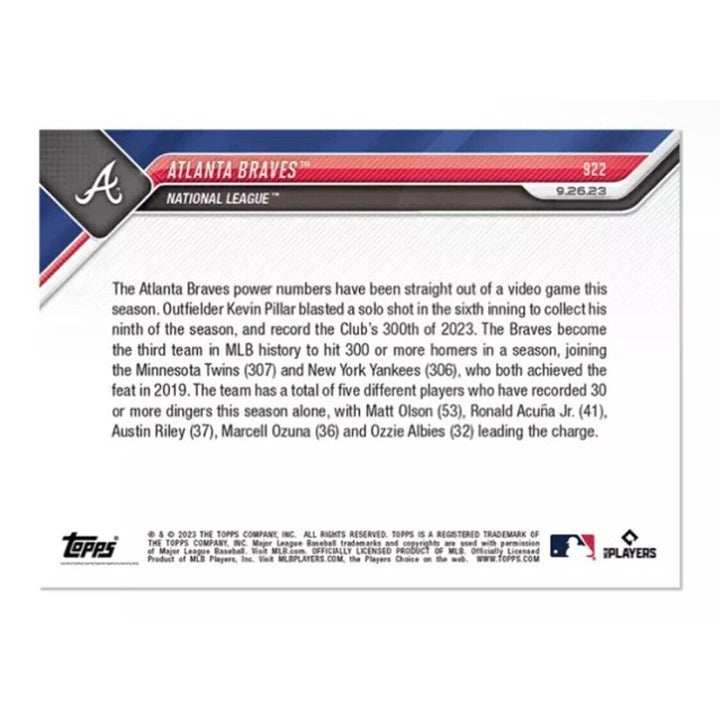 Atlanta Braves 300 HRs Season baseball card featuring Kevin Pillar and Matt Olson from 2023 Topps Now series