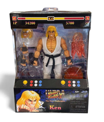 Ultra Street Fighter II Ken action figure by Jada Toys in arcade-style packaging with accessories