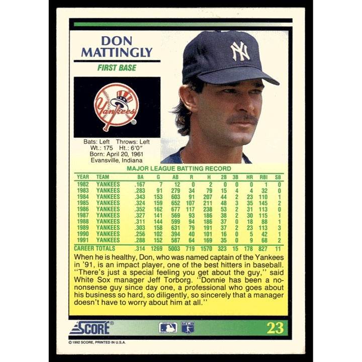 1992 Score Don Mattingly New York Yankees baseball card near mint condition