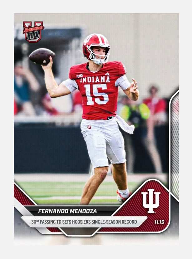 2025 Bowman U Topps Now card of Indiana QB Fernando Mendoza throwing a pass, limited to 2864 copies