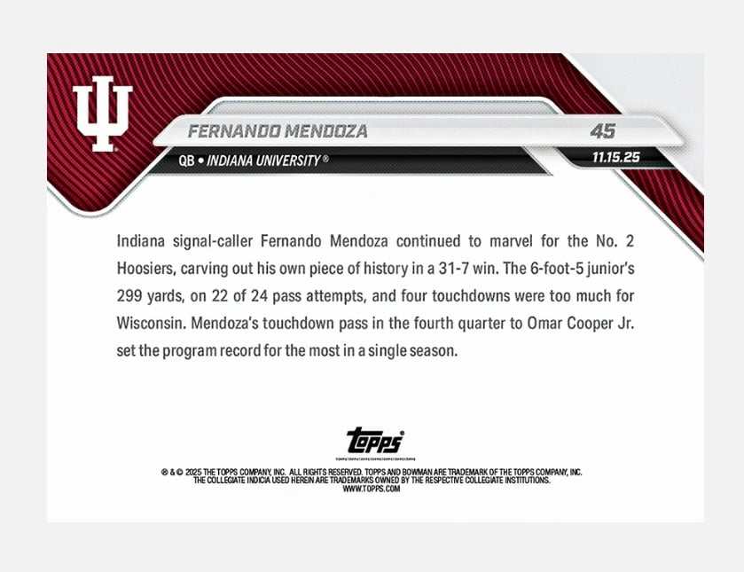 2025 Bowman U Topps Now card of Indiana QB Fernando Mendoza throwing a pass, limited to 2864 copies