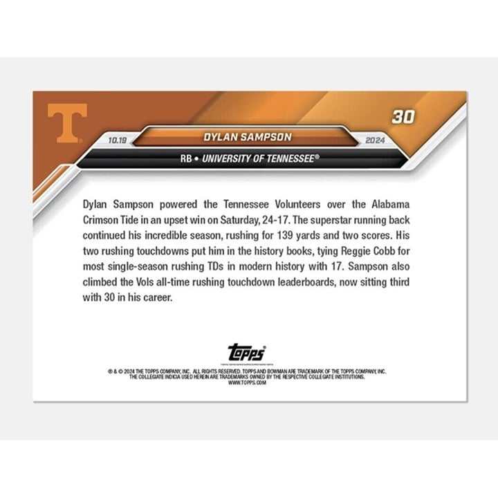 Dylan Sampson RC Ties Vols TD Record 2024 Bowman U Now football card showing rookie wide receiver in Tennessee Volunteers uniform running with ball