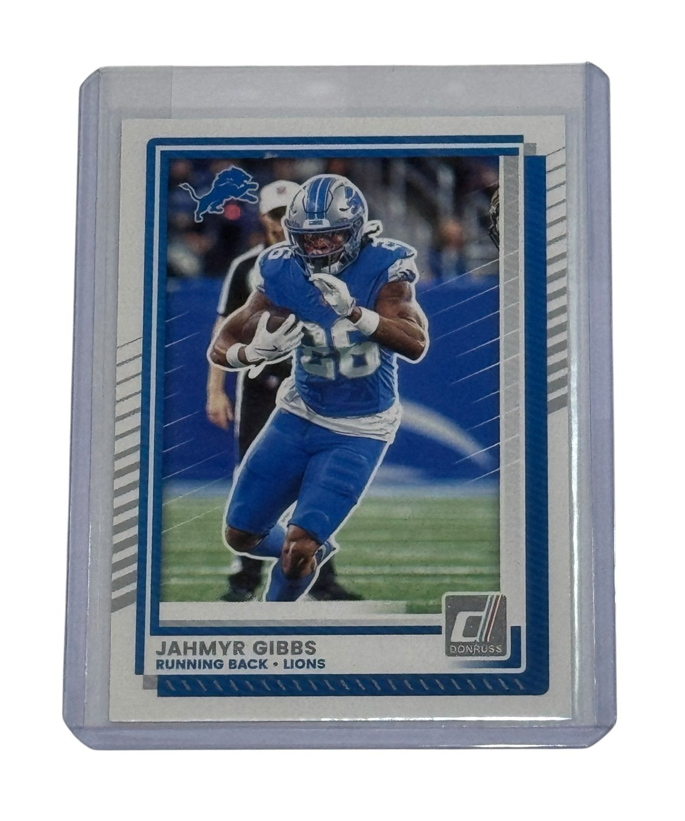Jahmyr Gibbs 2025 Donruss NFL Premiere Detroit Lions rookie card in protective sleeve
